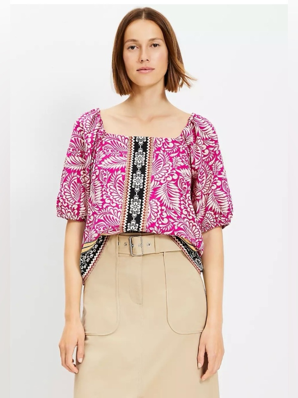 LOFT Pink Printed Square-Neck Puff Sleeve Top with Black Trim Size SP